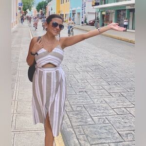 Express Cut Out Striped Wrap Midi Dress Khaki / White Size 4